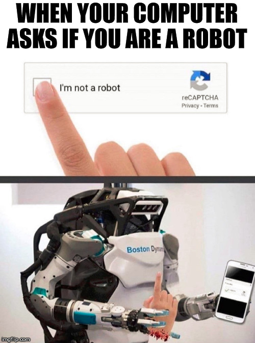Sure, I am human | WHEN YOUR COMPUTER ASKS IF YOU ARE A ROBOT | image tagged in robot | made w/ Imgflip meme maker