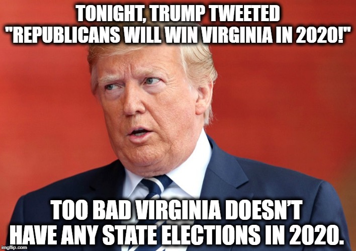 Another Genius Moment From Our Genius President. | TONIGHT, TRUMP TWEETED "REPUBLICANS WILL WIN VIRGINIA IN 2020!"; TOO BAD VIRGINIA DOESN’T HAVE ANY STATE ELECTIONS IN 2020. | image tagged in donald trump,genius,virginia,election,republicans,moron | made w/ Imgflip meme maker