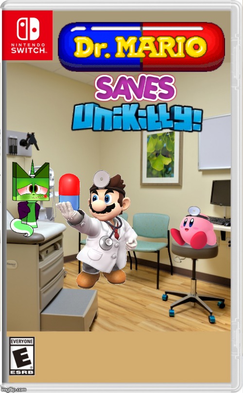 WITH THE HELP OF KIRBY! | image tagged in dr mario,kirby,unikitty,nintendo switch,fake switch games | made w/ Imgflip meme maker