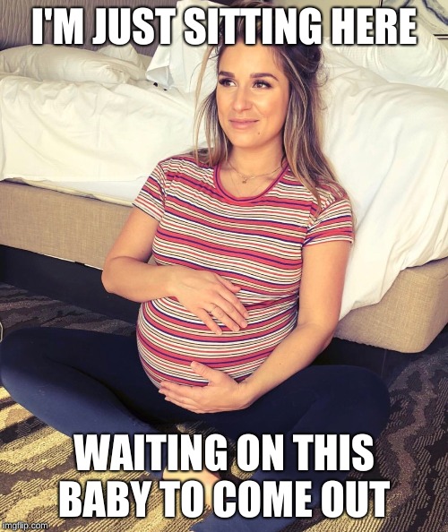 Sitting & Waiting | I'M JUST SITTING HERE; WAITING ON THIS BABY TO COME OUT | image tagged in pregnant woman,sitting,waiting | made w/ Imgflip meme maker