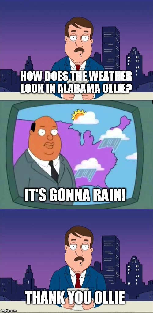 Family Guy Ollie | HOW DOES THE WEATHER LOOK IN ALABAMA OLLIE? IT'S GONNA RAIN! THANK YOU OLLIE | image tagged in family guy ollie | made w/ Imgflip meme maker