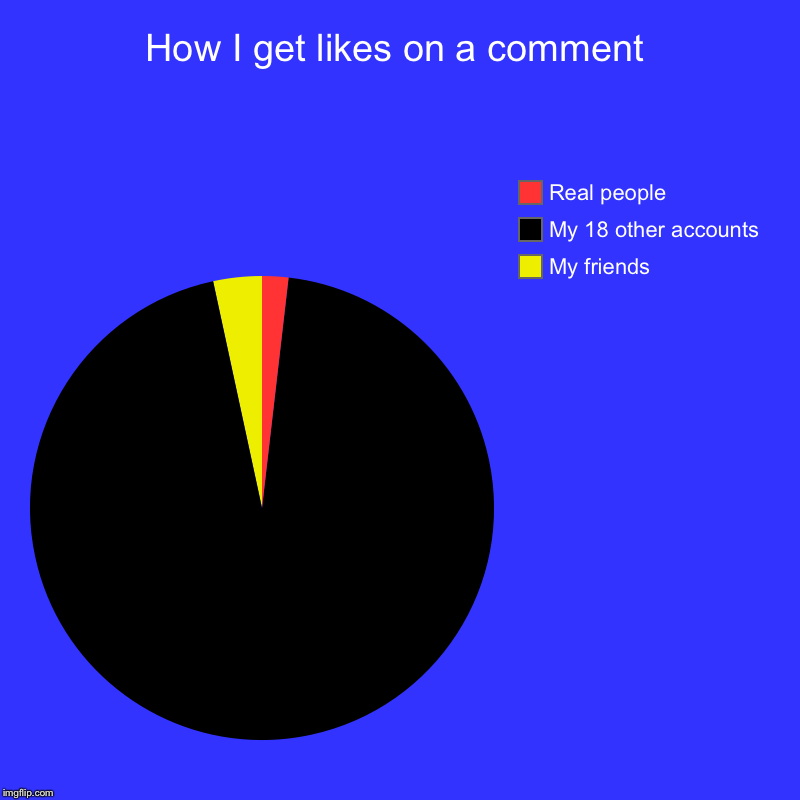 How I get likes on a comment | My friends, My 18 other accounts, Real people | image tagged in charts,pie charts | made w/ Imgflip chart maker