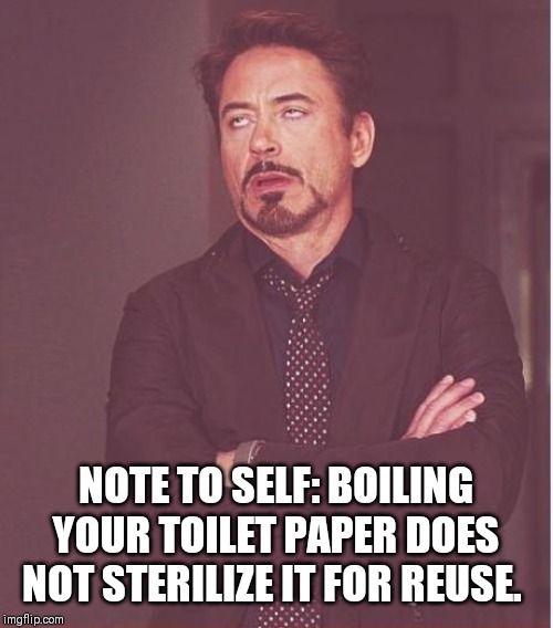 Reusable | NOTE TO SELF: BOILING YOUR TOILET PAPER DOES NOT STERILIZE IT FOR REUSE. | image tagged in memes,face you make robert downey jr,toilet paper,toilet humor,oh shit,no shit | made w/ Imgflip meme maker