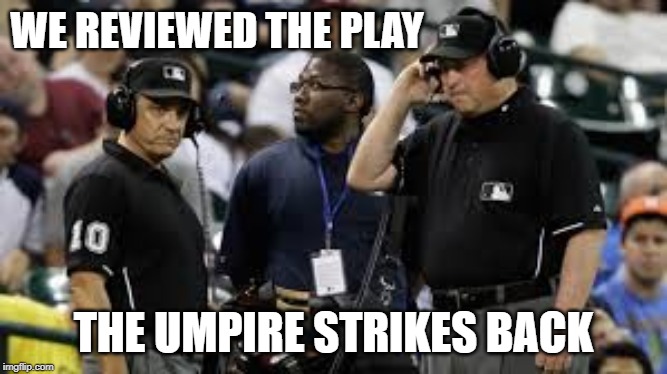 Baseball Umpires | WE REVIEWED THE PLAY THE UMPIRE STRIKES BACK | image tagged in baseball umpires | made w/ Imgflip meme maker