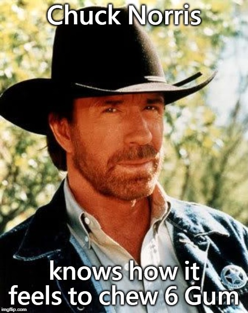 Chuck Norris | Chuck Norris; knows how it feels to chew 6 Gum | image tagged in memes,chuck norris,5 gum | made w/ Imgflip meme maker