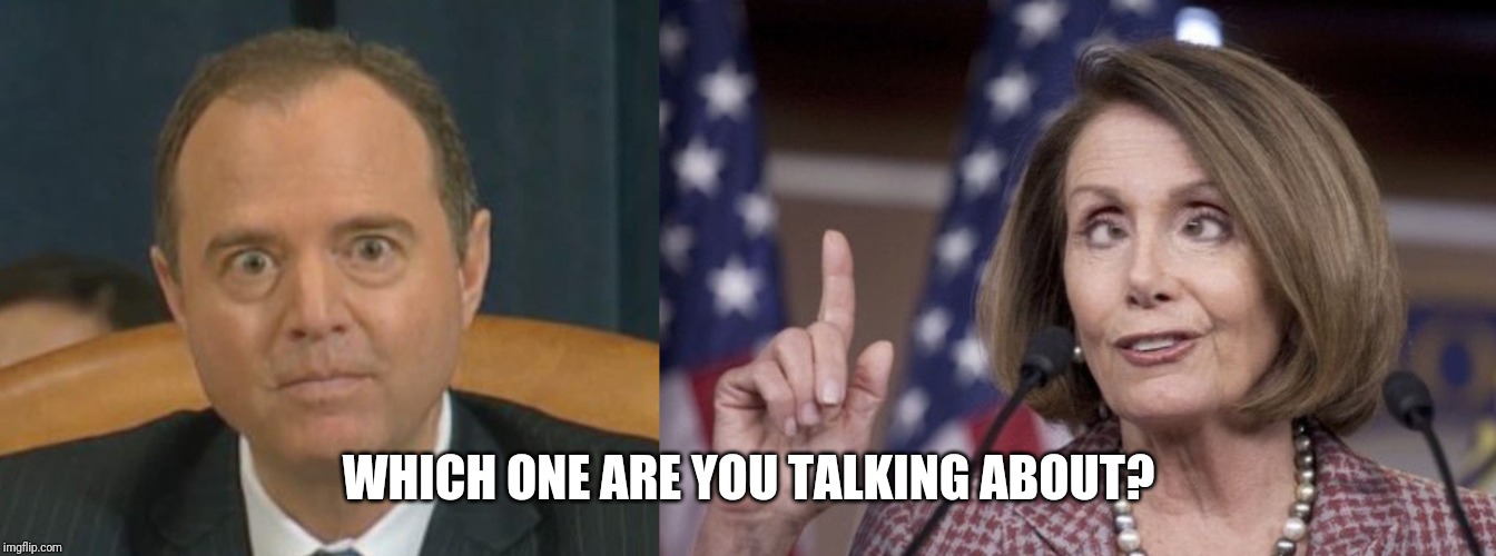 WHICH ONE ARE YOU TALKING ABOUT? | image tagged in nancy pelosi,crazy adam schiff | made w/ Imgflip meme maker