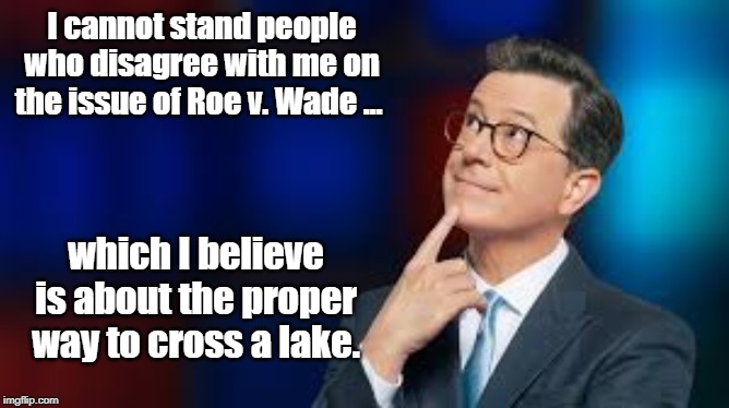 stephen colbert | I cannot stand people who disagree with me on the issue of Roe v. Wade …; which I believe is about the proper way to cross a lake. | image tagged in quotes | made w/ Imgflip meme maker