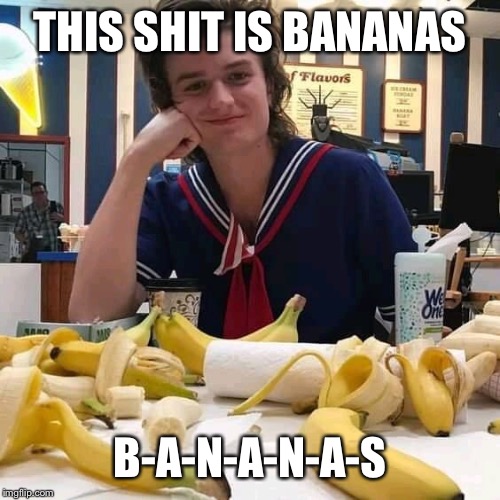 Bananas for scale | THIS SHIT IS BANANAS; B-A-N-A-N-A-S | image tagged in bananas,stranger things | made w/ Imgflip meme maker