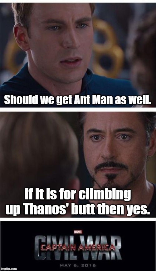 Marvel Civil War 1 | Should we get Ant Man as well. If it is for climbing up Thanos' butt then yes. | image tagged in memes,marvel civil war 1 | made w/ Imgflip meme maker