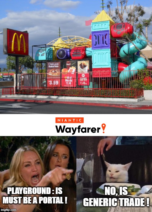 NO, IS GENERIC TRADE ! PLAYGROUND : IS MUST BE A PORTAL ! | image tagged in memes,woman yelling at cat,niantic,ingress,wayfarer | made w/ Imgflip meme maker