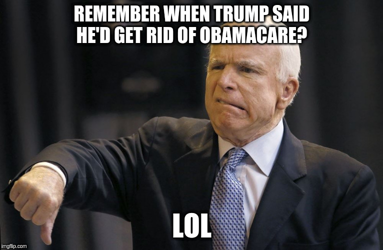 McCain Votes For Trump | REMEMBER WHEN TRUMP SAID HE'D GET RID OF OBAMACARE? LOL | image tagged in john mccain | made w/ Imgflip meme maker