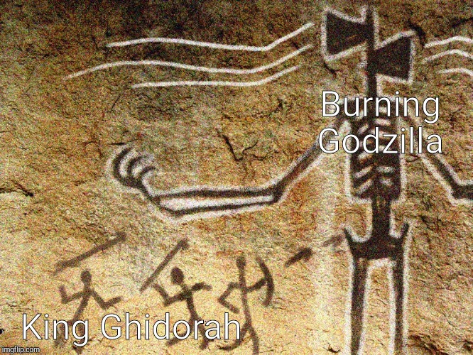 Ancient Siren Head | Burning Godzilla; King Ghidorah | image tagged in ancient siren head | made w/ Imgflip meme maker
