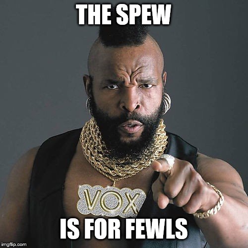Mr T Pity The Fool Meme | THE SPEW IS FOR FEWLS | image tagged in memes,mr t pity the fool | made w/ Imgflip meme maker