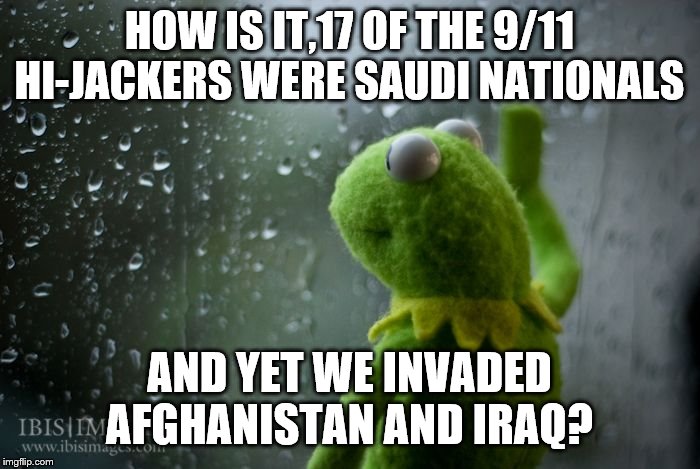 kermit window | HOW IS IT,17 OF THE 9/11 HI-JACKERS WERE SAUDI NATIONALS AND YET WE INVADED AFGHANISTAN AND IRAQ? | image tagged in kermit window | made w/ Imgflip meme maker