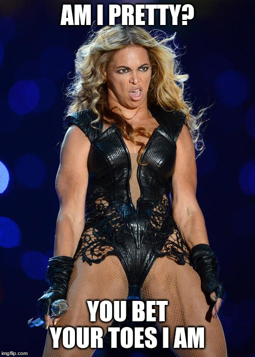 Ermahgerd Beyonce Meme | AM I PRETTY? YOU BET YOUR TOES I AM | image tagged in memes,ermahgerd beyonce | made w/ Imgflip meme maker