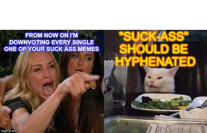 Woman Yelling At Cat Meme | FROM NOW ON I'M DOWNVOTING EVERY SINGLE ONE OF YOUR SUCK ASS MEMES "SUCK-ASS" 
SHOULD BE 
HYPHENATED | image tagged in memes,woman yelling at cat | made w/ Imgflip meme maker