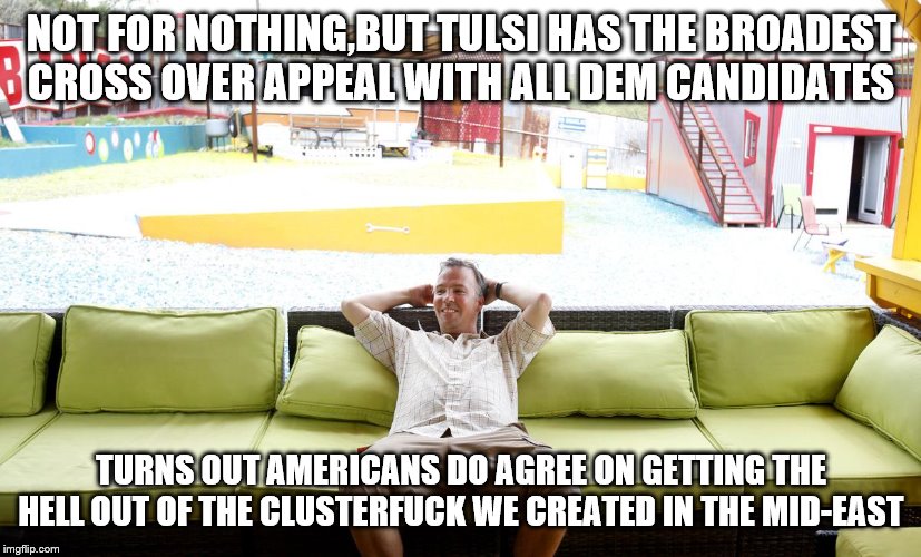 NOT FOR NOTHING,BUT TULSI HAS THE BROADEST CROSS OVER APPEAL WITH ALL DEM CANDIDATES TURNS OUT AMERICANS DO AGREE ON GETTING THE HELL OUT OF | made w/ Imgflip meme maker
