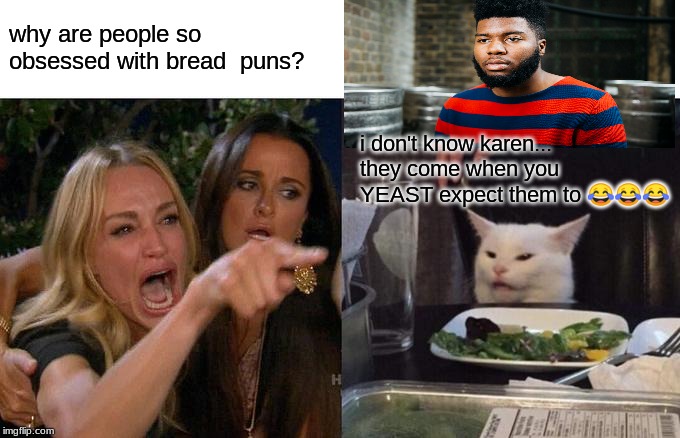 Woman Yelling At Cat Meme | why are people so obsessed with bread  puns? i don't know karen... they come when you YEAST expect them to ??? | image tagged in memes,woman yelling at cat | made w/ Imgflip meme maker