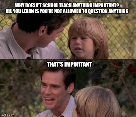 Father and son | WHY DOESN'T SCHOOL TEACH ANYTHING IMPORTANT? ALL YOU LEARN IS YOU'RE NOT ALLOWED TO QUESTION ANYTHING; THAT'S IMPORTANT | image tagged in memes,thats just something x say,liar liar my teacher says | made w/ Imgflip meme maker