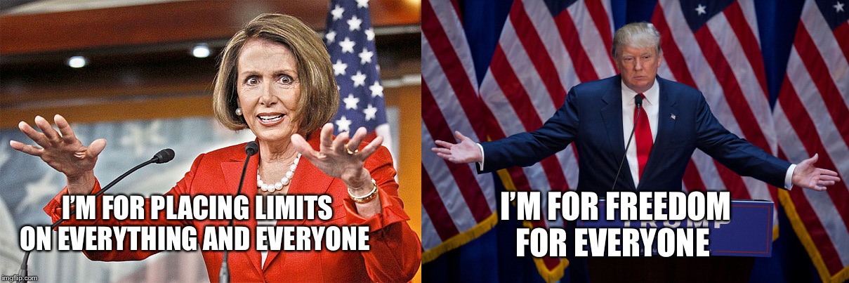 Choices | I’M FOR FREEDOM FOR EVERYONE; I’M FOR PLACING LIMITS ON EVERYTHING AND EVERYONE | image tagged in donald trump,nancy pelosi is crazy,memes | made w/ Imgflip meme maker