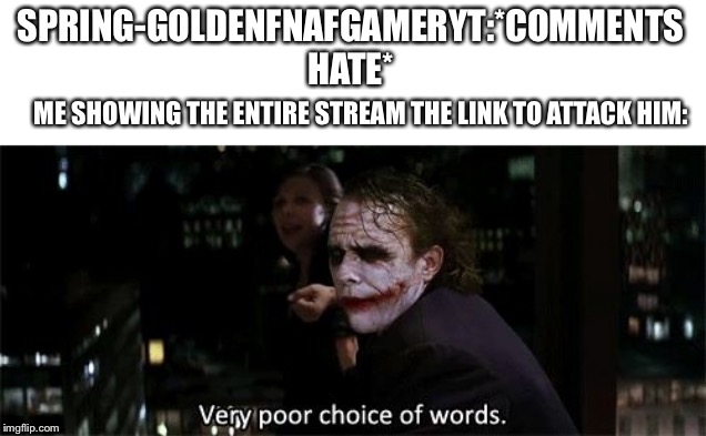 Very poor choice of words | SPRING-GOLDENFNAFGAMERYT:*COMMENTS HATE*; ME SHOWING THE ENTIRE STREAM THE LINK TO ATTACK HIM: | image tagged in very poor choice of words | made w/ Imgflip meme maker