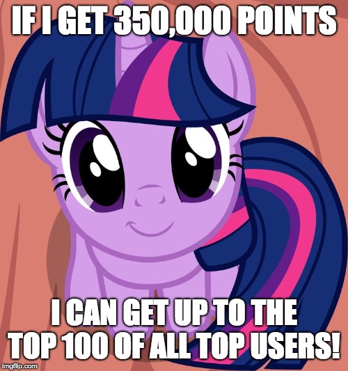 At least #104 and continue to go above! | IF I GET 350,000 POINTS; I CAN GET UP TO THE TOP 100 OF ALL TOP USERS! | image tagged in twilight is interested,memes,top users,leaderboard,xanderbrony | made w/ Imgflip meme maker