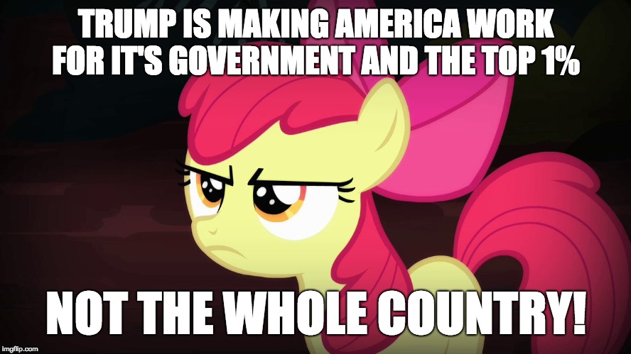 This is not how America is supposed to work! | TRUMP IS MAKING AMERICA WORK FOR IT'S GOVERNMENT AND THE TOP 1%; NOT THE WHOLE COUNTRY! | image tagged in angry applebloom,memes,trump,politics,republicans,government | made w/ Imgflip meme maker