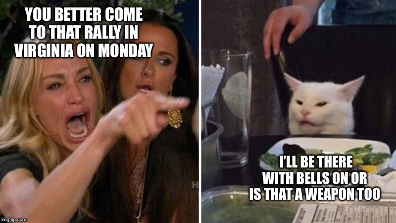 Woman yelling at white cat | YOU BETTER COME TO THAT RALLY IN VIRGINIA ON MONDAY; I’LL BE THERE WITH BELLS ON OR IS THAT A WEAPON TOO | image tagged in woman yelling at white cat | made w/ Imgflip meme maker