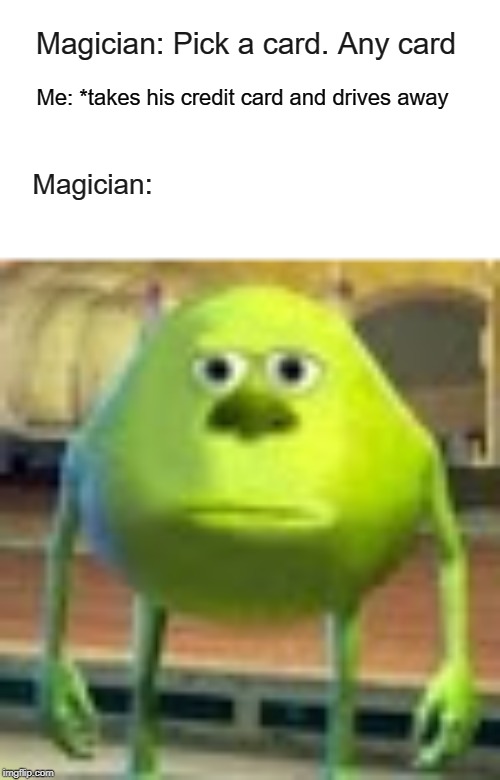 Sully Wazowski |  Magician: Pick a card. Any card; Me: *takes his credit card and drives away; Magician: | image tagged in sully wazowski | made w/ Imgflip meme maker
