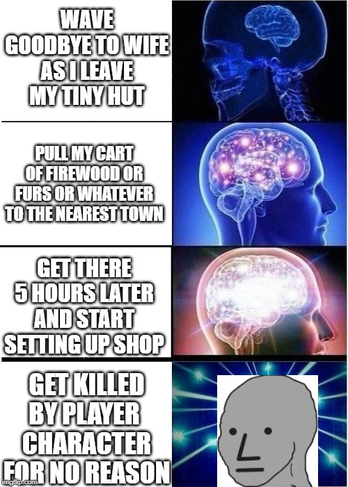 Expanding Brain | WAVE GOODBYE TO WIFE AS I LEAVE MY TINY HUT; PULL MY CART OF FIREWOOD OR FURS OR WHATEVER TO THE NEAREST TOWN; GET THERE 5 HOURS LATER AND START SETTING UP SHOP; GET KILLED BY PLAYER 
CHARACTER FOR NO REASON | image tagged in memes,expanding brain | made w/ Imgflip meme maker