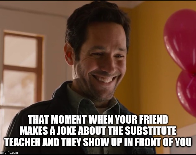 Ant man Odd Smile | THAT MOMENT WHEN YOUR FRIEND MAKES A JOKE ABOUT THE SUBSTITUTE TEACHER AND THEY SHOW UP IN FRONT OF YOU | image tagged in ant man odd smile | made w/ Imgflip meme maker