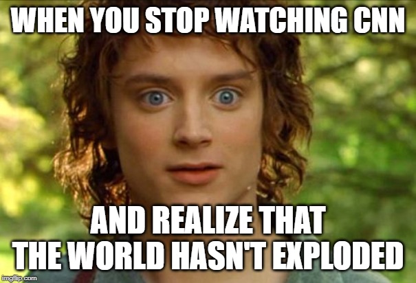 Surpised Frodo | WHEN YOU STOP WATCHING CNN; AND REALIZE THAT THE WORLD HASN'T EXPLODED | image tagged in memes,surpised frodo | made w/ Imgflip meme maker