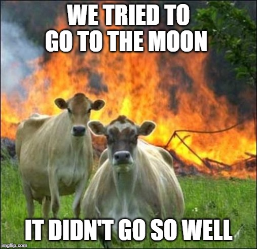 Evil Cows Meme | WE TRIED TO GO TO THE MOON; IT DIDN'T GO SO WELL | image tagged in memes,evil cows | made w/ Imgflip meme maker