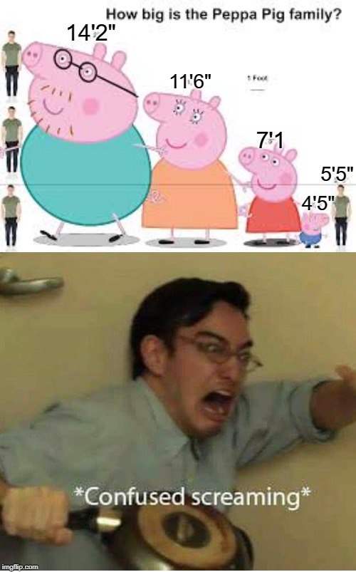 This tall | 14'2"; 11'6"; 7'1; 5'5"; 4'5" | image tagged in confused screaming,funny,memes,peppa pig,human,family | made w/ Imgflip meme maker