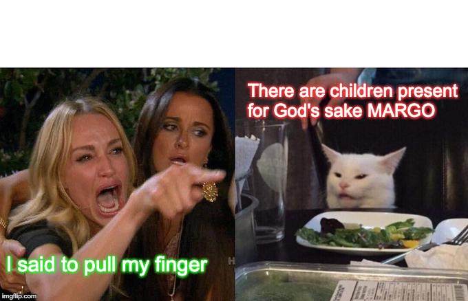 Woman Yelling At Cat Meme | There are children present
for God's sake MARGO; I said to pull my finger | image tagged in memes,woman yelling at cat | made w/ Imgflip meme maker
