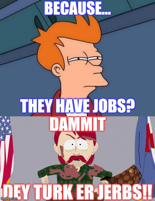 BECAUSE... THEY HAVE JOBS? DEY TURK ER JERBS!! DAMMIT | image tagged in memes,futurama fry,south park redneck | made w/ Imgflip meme maker