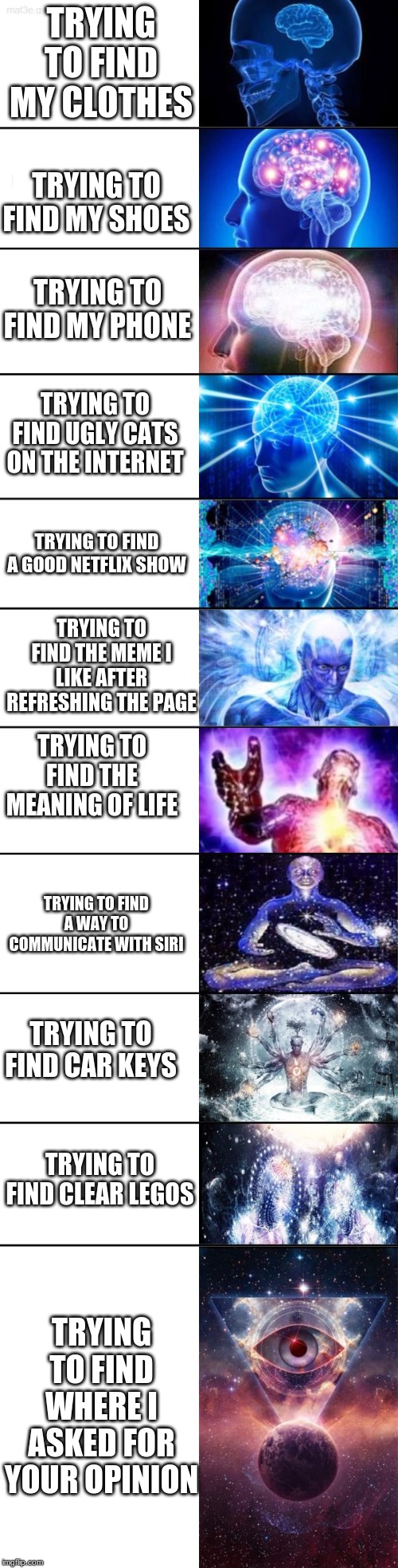 Big Brain Meme | TRYING TO FIND MY CLOTHES; TRYING TO FIND MY SHOES; TRYING TO FIND MY PHONE; TRYING TO FIND UGLY CATS ON THE INTERNET; TRYING TO FIND A GOOD NETFLIX SHOW; TRYING TO FIND THE MEME I LIKE AFTER REFRESHING THE PAGE; TRYING TO FIND THE MEANING OF LIFE; TRYING TO FIND A WAY TO COMMUNICATE WITH SIRI; TRYING TO FIND CAR KEYS; TRYING TO FIND CLEAR LEGOS; TRYING TO FIND WHERE I ASKED FOR YOUR OPINION | image tagged in big brain meme | made w/ Imgflip meme maker