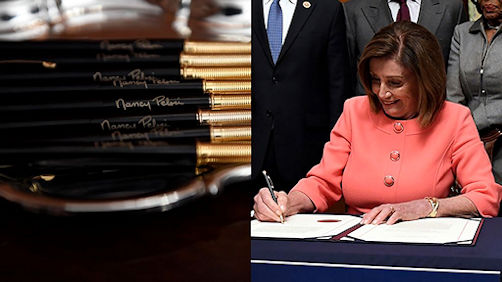 Pelosi giddy with expensive impeachment pens Blank Meme Template