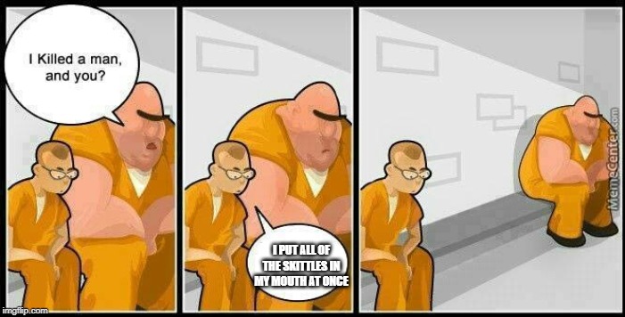 prisoners blank | I PUT ALL OF THE SKITTLES IN MY MOUTH AT ONCE | image tagged in prisoners blank | made w/ Imgflip meme maker