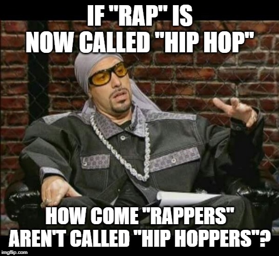 Rapper Singer Hiphop | IF "RAP" IS NOW CALLED "HIP HOP"; HOW COME "RAPPERS" AREN'T CALLED "HIP HOPPERS"? | image tagged in rapper singer hiphop | made w/ Imgflip meme maker