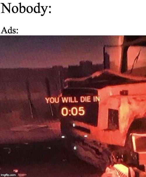 You will die in 0:05 | Nobody:; Ads: | image tagged in you will die in 005 | made w/ Imgflip meme maker