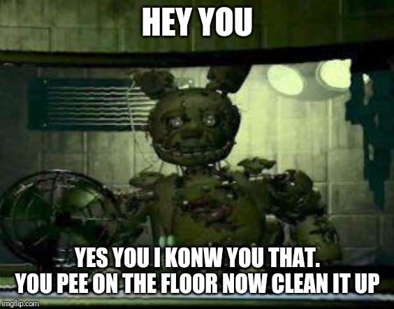 FNAF Springtrap in window | HEY YOU; YES YOU I KONW YOU THAT. YOU PEE ON THE FLOOR NOW CLEAN IT UP | image tagged in fnaf springtrap in window | made w/ Imgflip meme maker