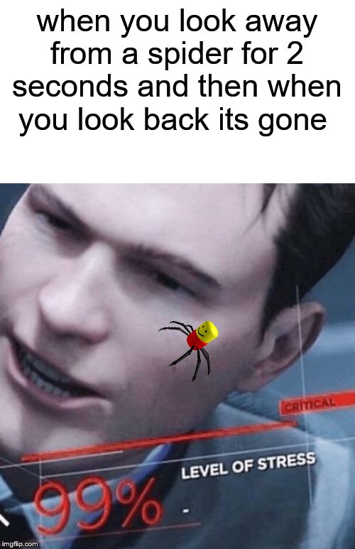 Stress level 99% | when you look away from a spider for 2 seconds and then when you look back its gone | image tagged in stress level 99 | made w/ Imgflip meme maker