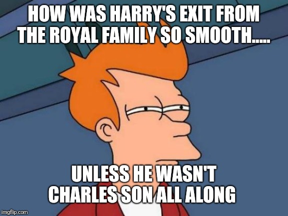 Futurama Fry Meme | HOW WAS HARRY'S EXIT FROM THE ROYAL FAMILY SO SMOOTH..... UNLESS HE WASN'T CHARLES SON ALL ALONG | image tagged in memes,futurama fry | made w/ Imgflip meme maker