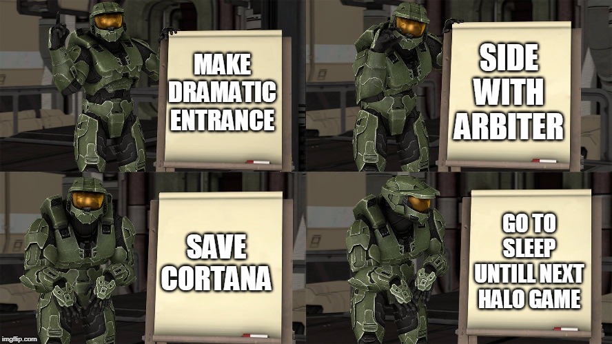 Master Chief's Plan-(Despicable Me Halo) | SIDE WITH ARBITER; MAKE DRAMATIC ENTRANCE; SAVE CORTANA; GO TO SLEEP UNTILL NEXT HALO GAME | image tagged in master chief's plan-despicable me halo | made w/ Imgflip meme maker