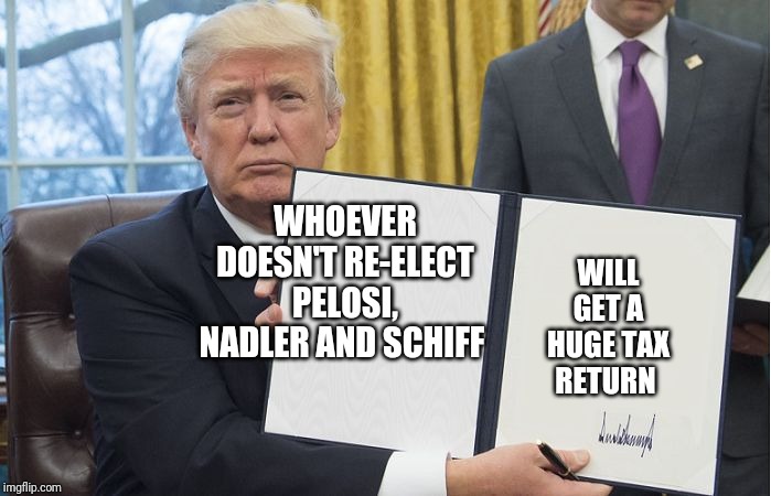 Trump signing | WHOEVER DOESN'T RE-ELECT PELOSI, NADLER AND SCHIFF; WILL GET A HUGE TAX RETURN | image tagged in trump signing | made w/ Imgflip meme maker