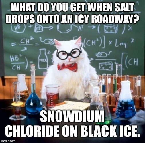 Chemistry Cat | WHAT DO YOU GET WHEN SALT DROPS ONTO AN ICY ROADWAY? SNOWDIUM CHLORIDE ON BLACK ICE. | image tagged in memes,chemistry cat | made w/ Imgflip meme maker