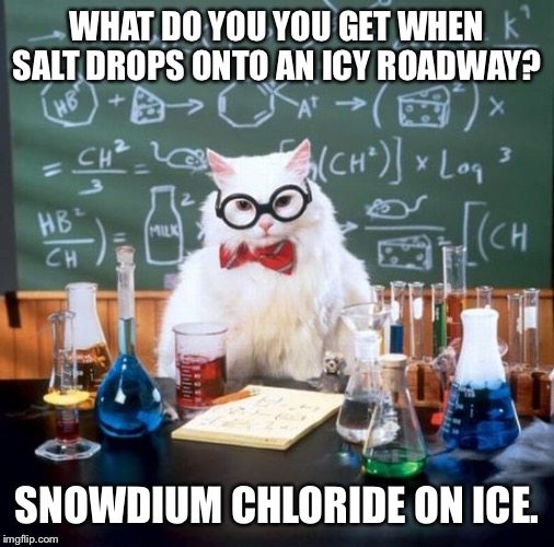 Chemistry Cat Meme | WHAT DO YOU YOU GET WHEN SALT DROPS ONTO AN ICY ROADWAY? SNOWDIUM CHLORIDE ON ICE. | image tagged in memes,chemistry cat | made w/ Imgflip meme maker