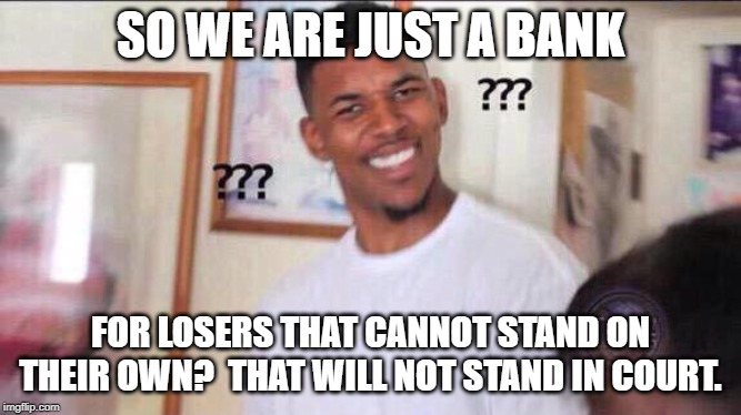 Black guy confused | SO WE ARE JUST A BANK FOR LOSERS THAT CANNOT STAND ON THEIR OWN?  THAT WILL NOT STAND IN COURT. | image tagged in black guy confused | made w/ Imgflip meme maker