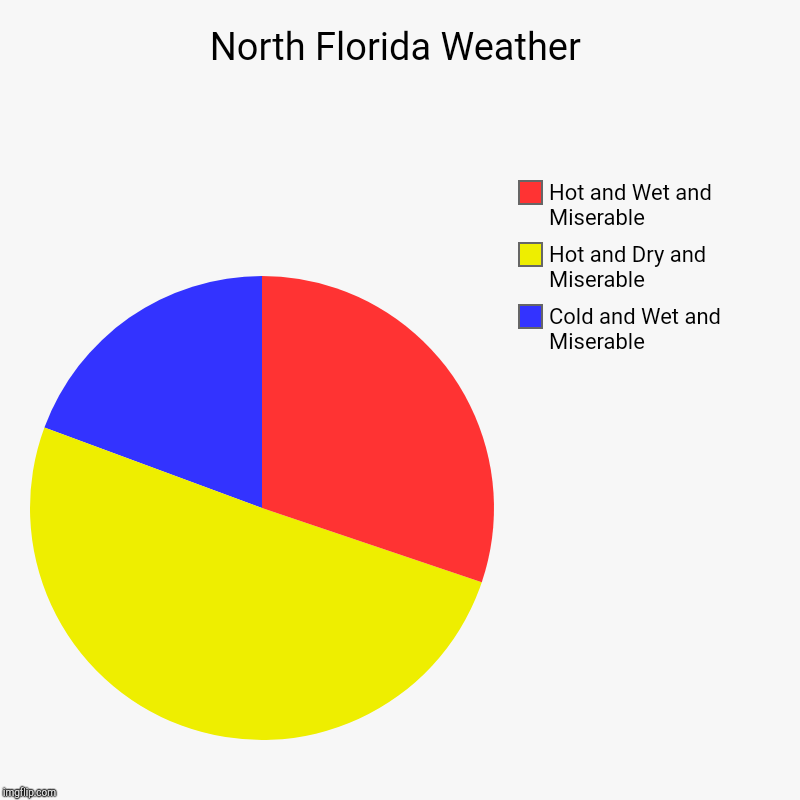 North Florida Weather | Cold and Wet and Miserable, Hot and Dry and Miserable, Hot and Wet and Miserable | image tagged in charts,pie charts | made w/ Imgflip chart maker
